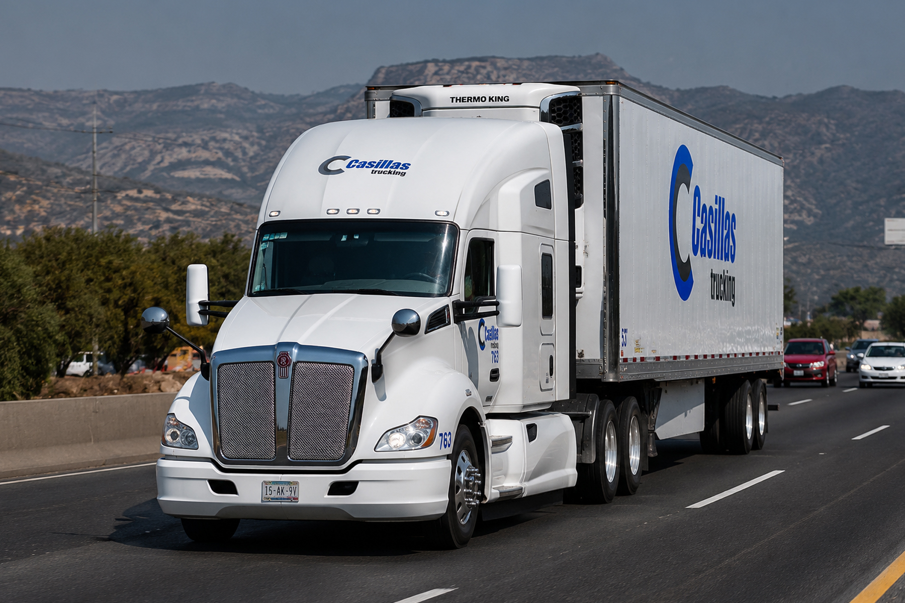 Tractocamión con caja refrigerada en carretera