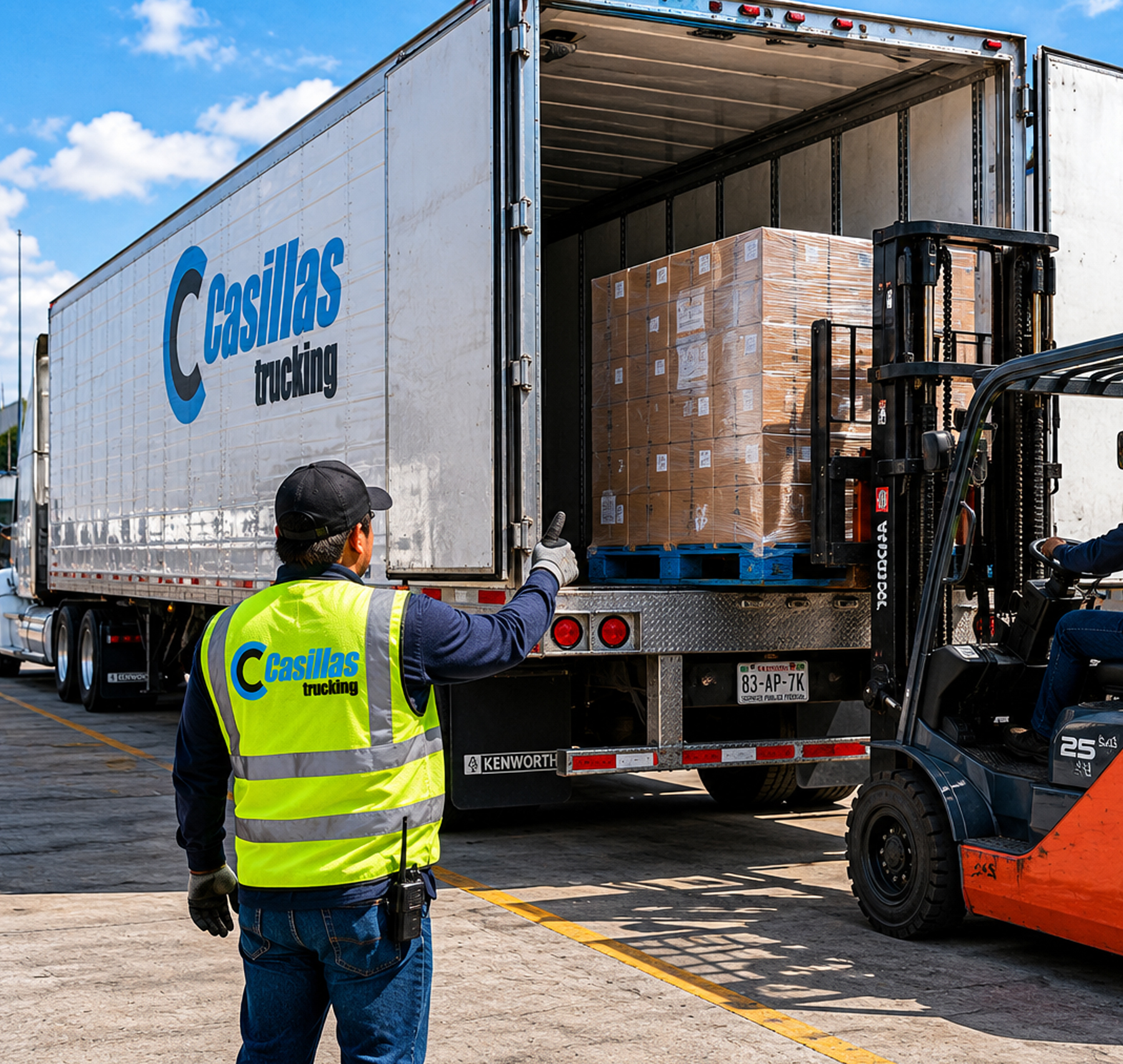 Operador junto a caja de tráiler en patio industrial